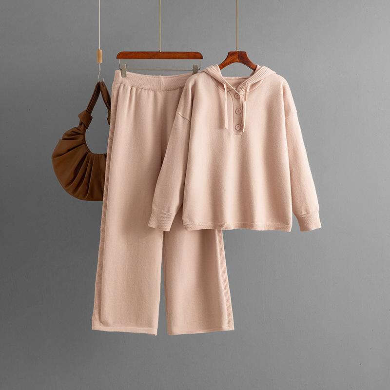 A New Autumn and Winter Knitwear Set Featuring A Hooded, Loose-buttoned Sweater and Wide-leg Pants for Women