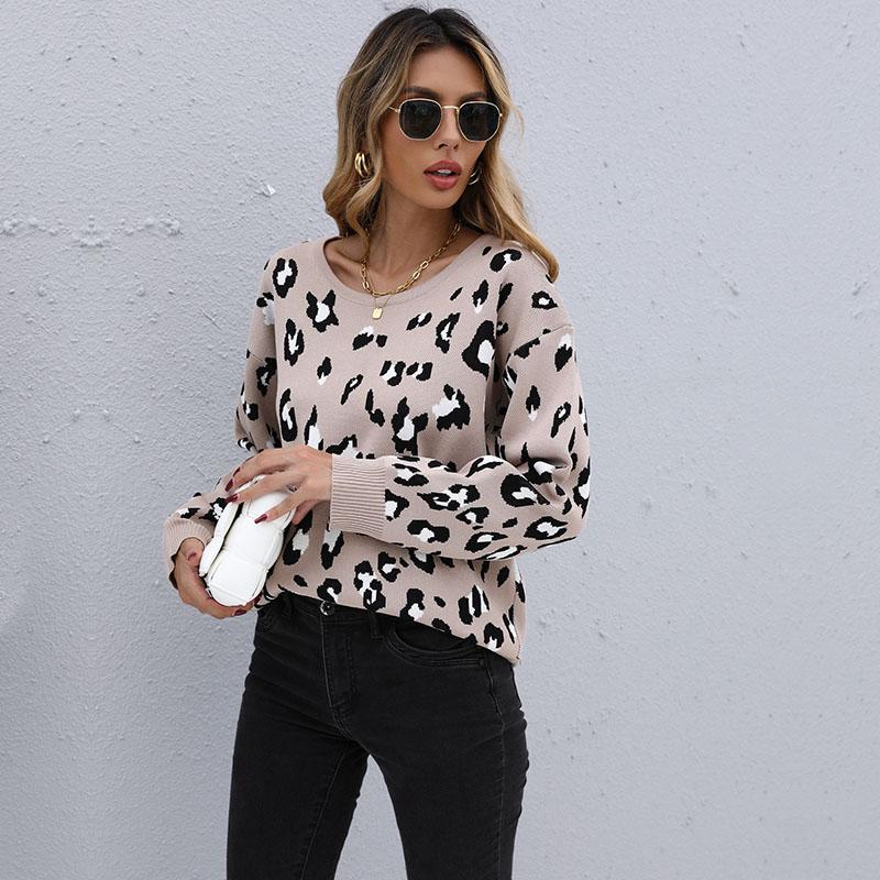 YYFS Moda feminina casual estampa de leopardo outono inverno manga comprida suéteres com decote em O