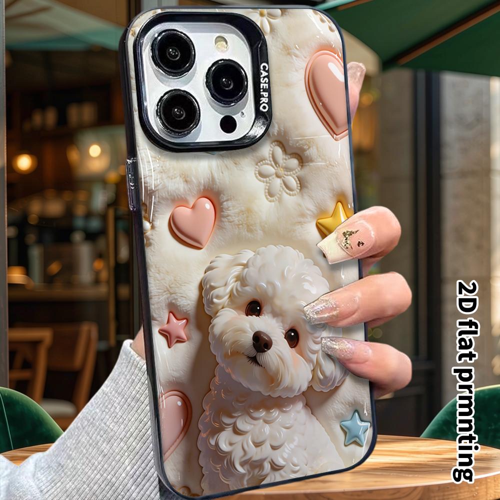Phone Case: 2D Flat Design, Suitable for iPhone 18, 17, 16, 15, 14, 13Pro Colorful Silver Protective Case, Couple Style, White Teddy Dog, Christmas an