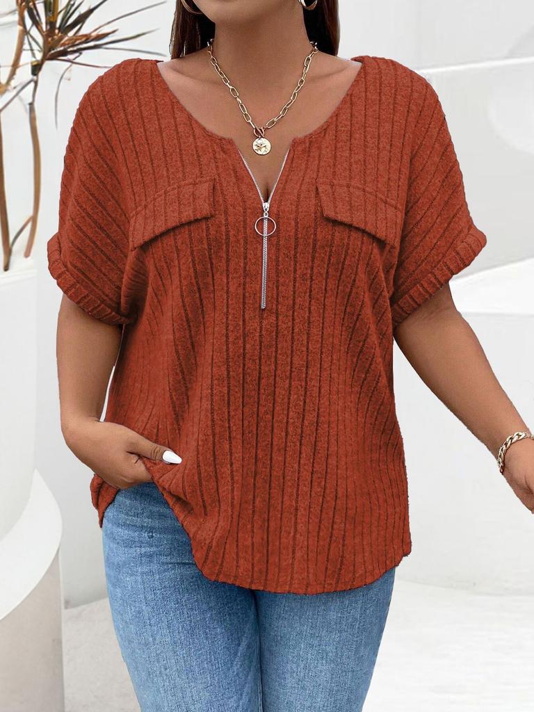New solid color plus size women's blouse zipper short-sleeved fake pocket pullover T-shirt loose