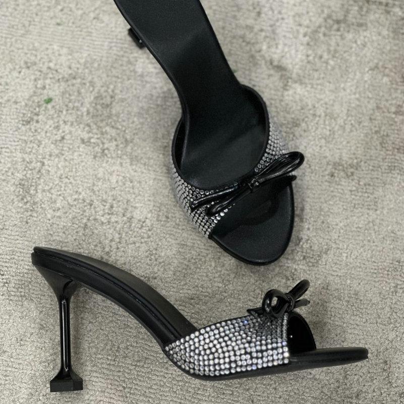 Fashion 2025 New Bow-Tie High-Heeled Slippers Wear Sweet Fairy Glass Shoes Thin Heel One-Line Sandal Rhinestone Princess