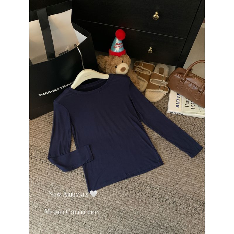 Simple Basic Pure Color All-Matching round Neck Pullover Long Sleeves T-shirt Female Autumn Soft Glutinous Inner Bottoming Shirt Ins Tops