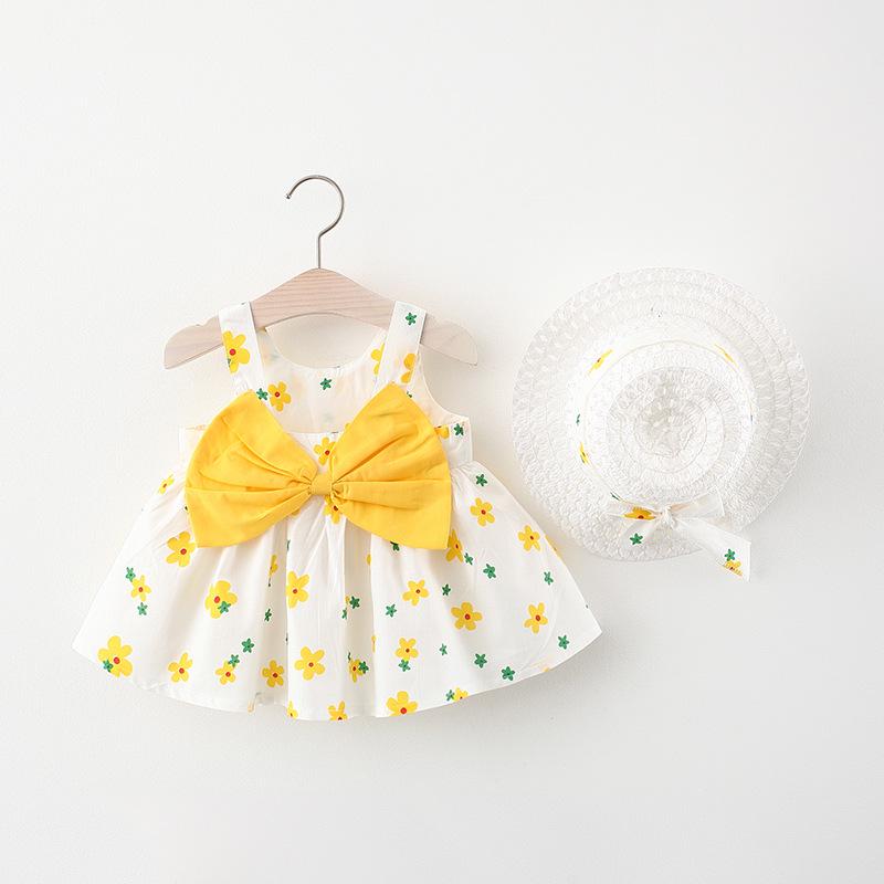 A749 Summer Baby Girl Princess Dress with Big Bow & Flower Skirt, Includes Hat, for Ages 1-4