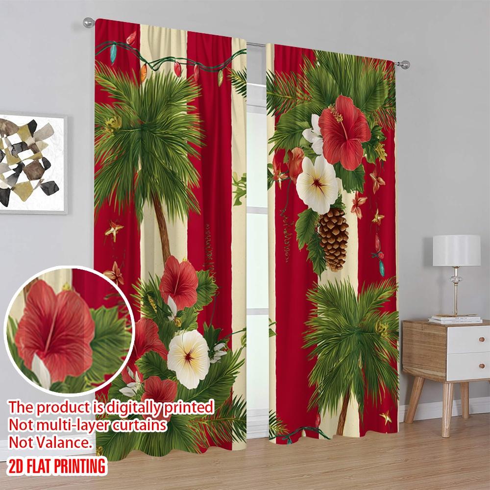 2 Stück, 2D-Flachdruck Minimalistische Vorhänge Tropische Santa Strandszene mit Palmen & Ozean Vielseitiger Polyesterstoff