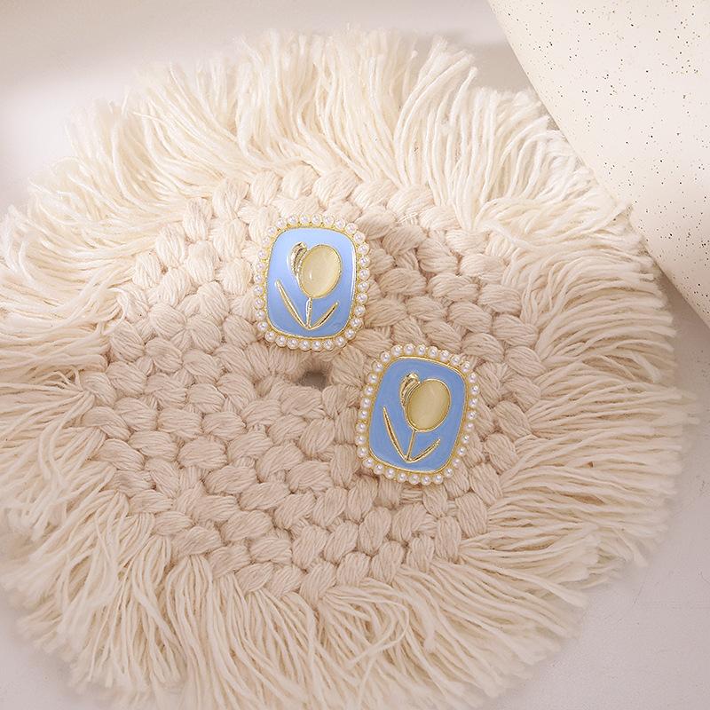 S925 silver needle opal stud earrings femininity geometric love premium earrings ins style Korean earrings collection