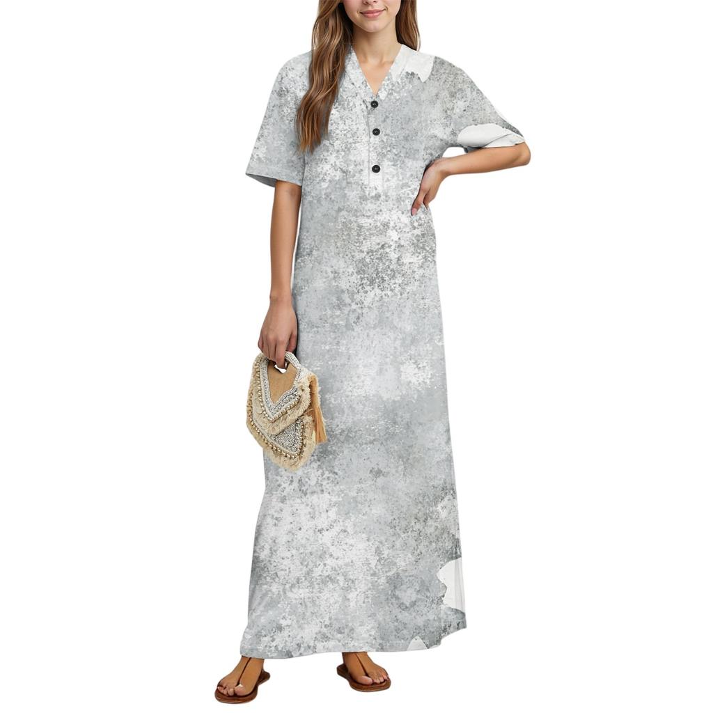 Women's Fashion Printed Nightgown Home Clothes Short Sleeve Nightgown With Pockets Long Dress