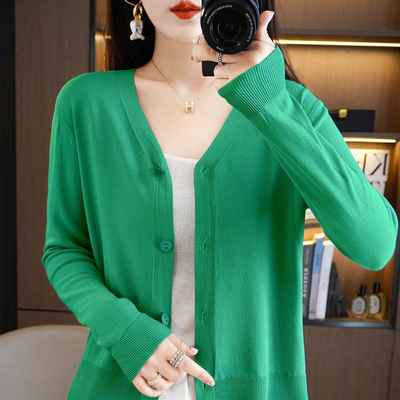 IHUASU Summer Thin Long-sleeved Ice Silk Knitted Women Cardigan Jacket Sun Shirt Air Conditioning Shirt with Skirt V-neck Outwear Tops