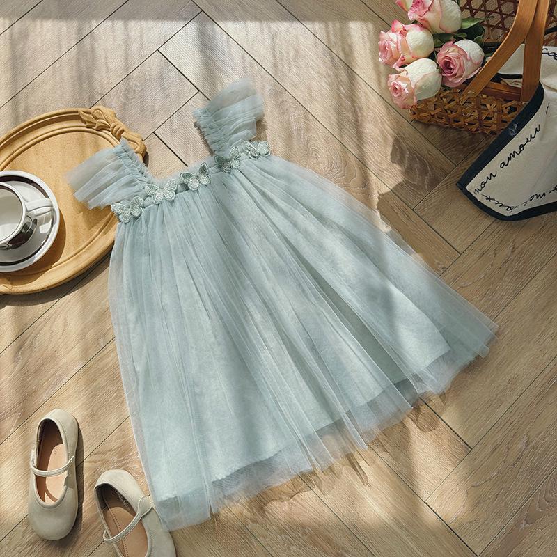 Double-Layer Butterfly Mesh Sweet Girl Strapless Fly-Sleeve Summer Puffy Princess Dress