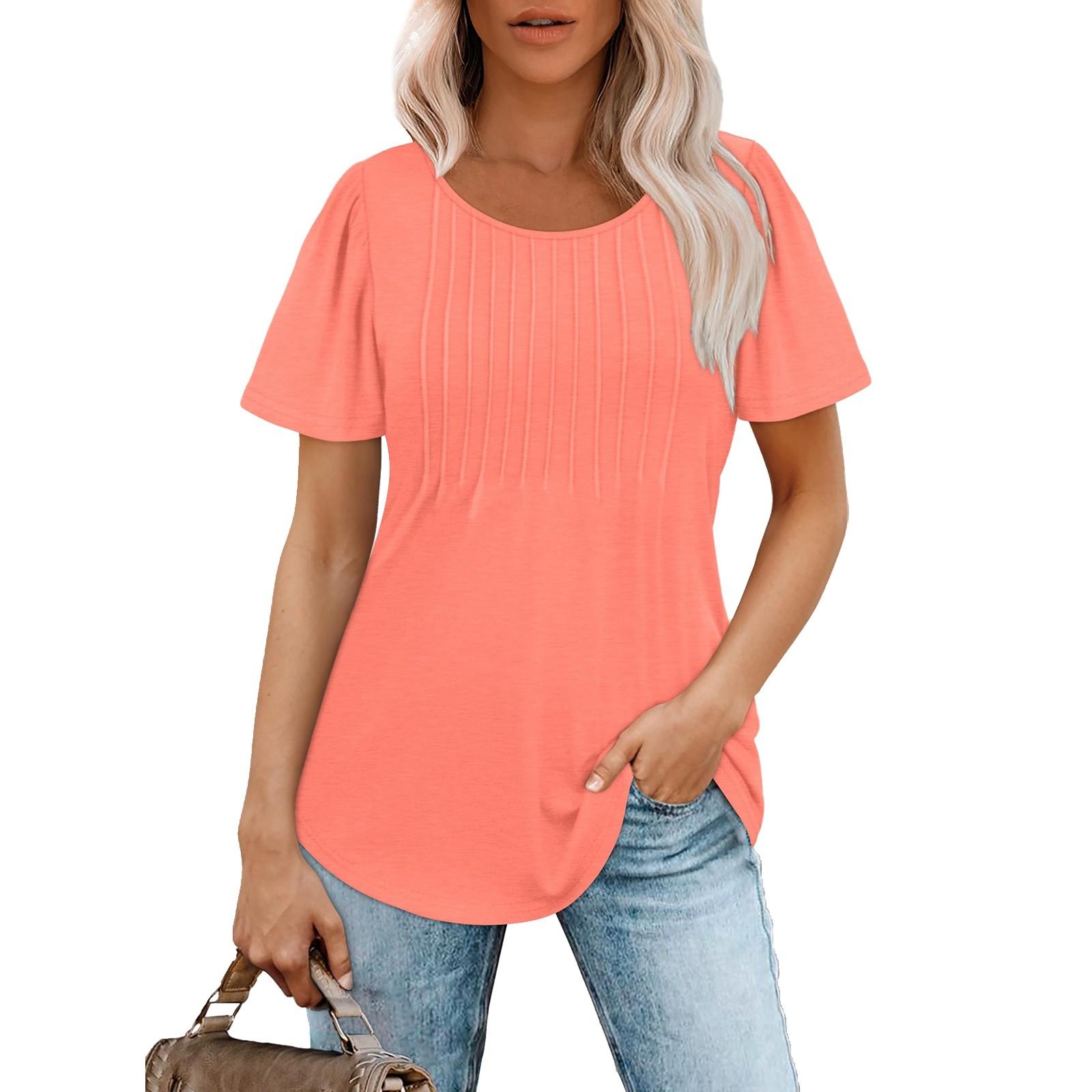 

Women Soild -Neck Cute Tee Short Sleeve Pleated Dressy Casual Scooped Neck T Shirt Tops XL кавун червоний колір