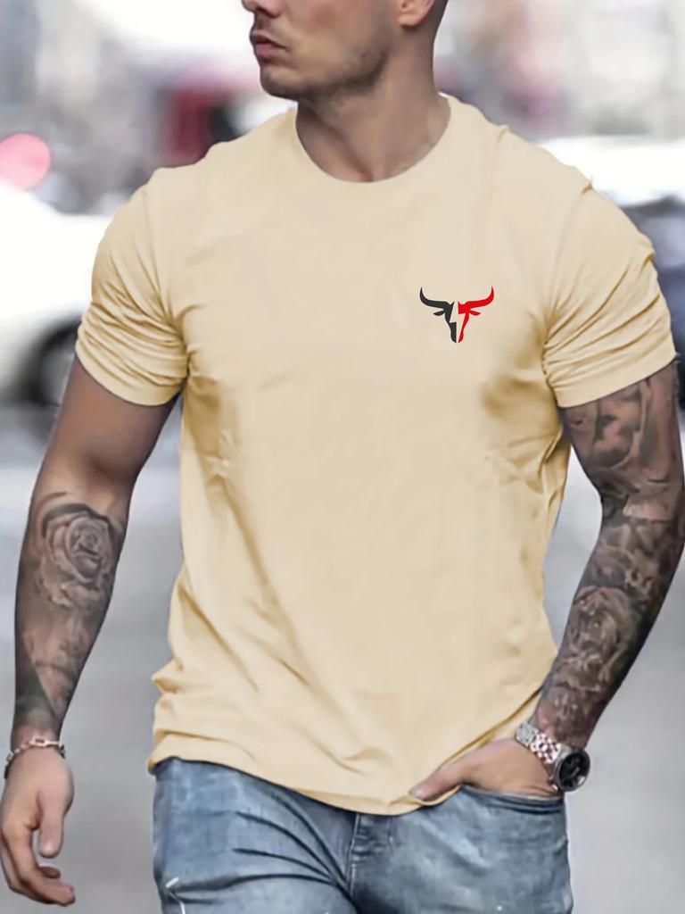 Summer Men's 100% Cotton Casual Loose Size Bull Print Round Neck Short Sleeve T-shirt Top men's street clothing button up pullov