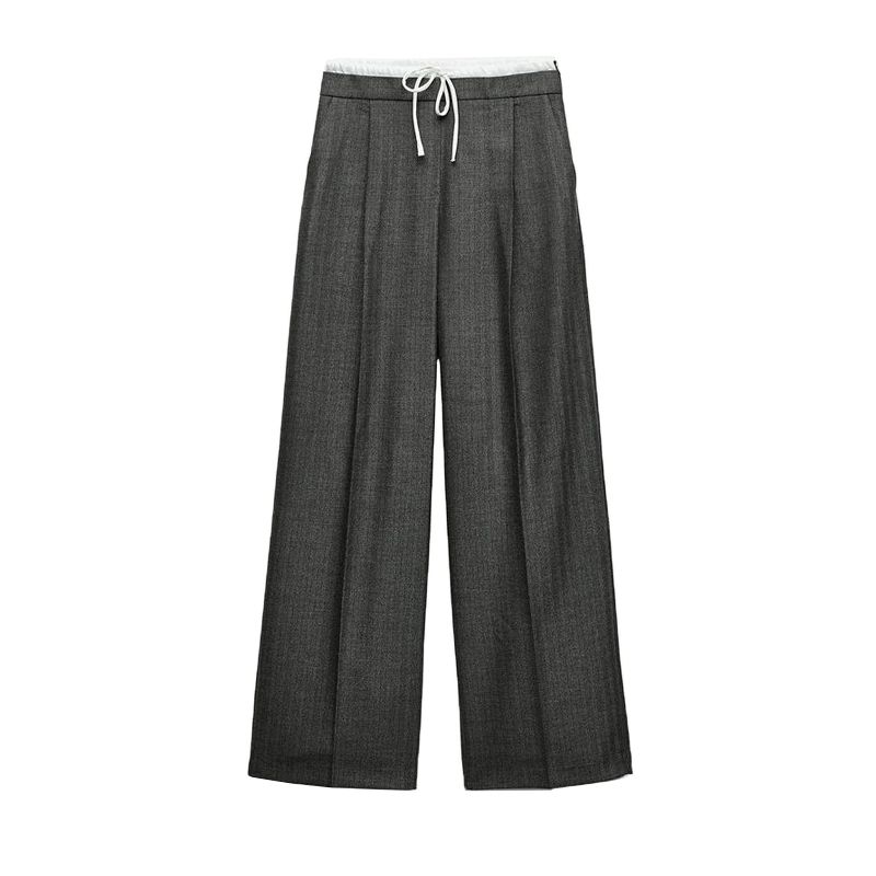 

Za Spring/Summer New Arrival Fashion Wind Casual Easiest for Match High Waist Slimming Lace-up Double Layer Waist Wide Leg Pants 1608225 Dark gray L