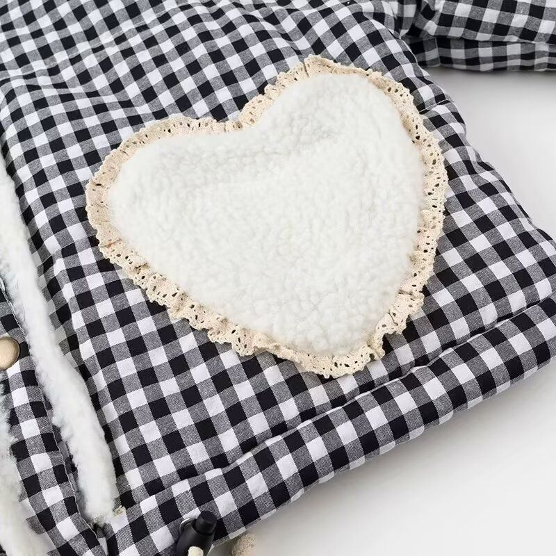 Kaslead New Women Clothes Western Style Fashion Simple and Versatile Lace Plaid Cotton-Padded Coat Outerwear