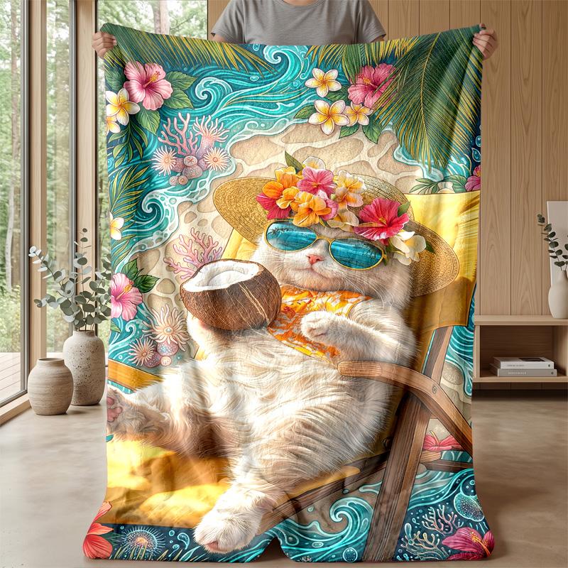 Summer Cat Paradise Theme blanket Lightweight Warm Flannel Blanket Decorative Throw Blanket for Home Decoration