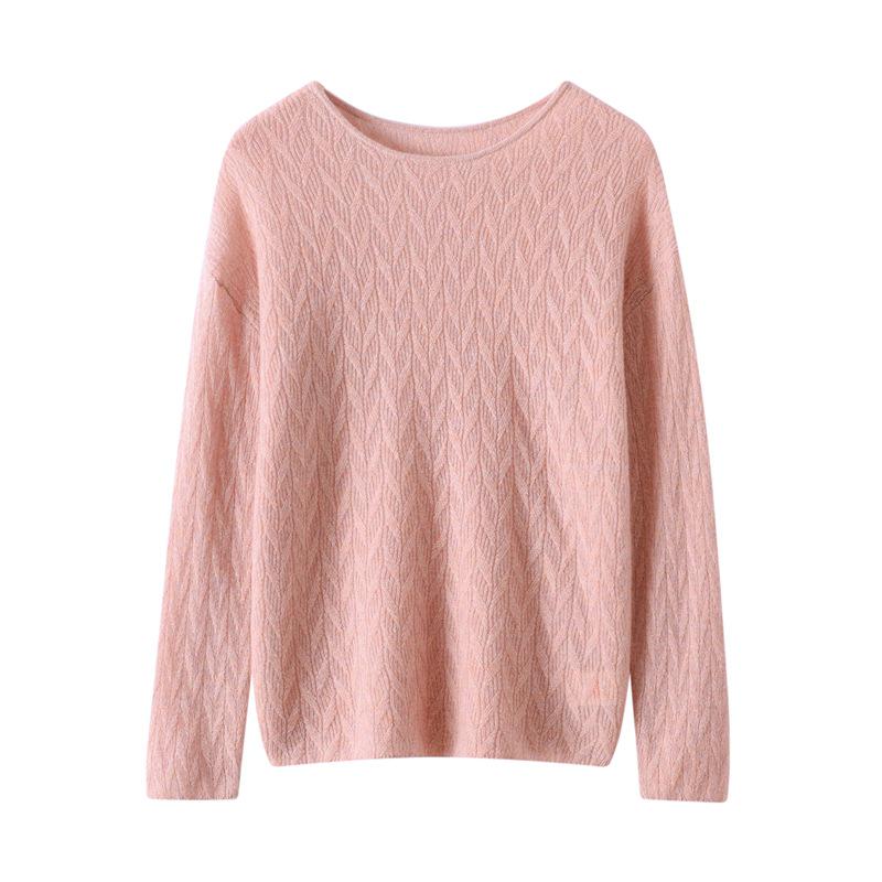Women's 100% Pure Cashmere Floral Pattern Round Neck Loose Knit Pullover Sweater