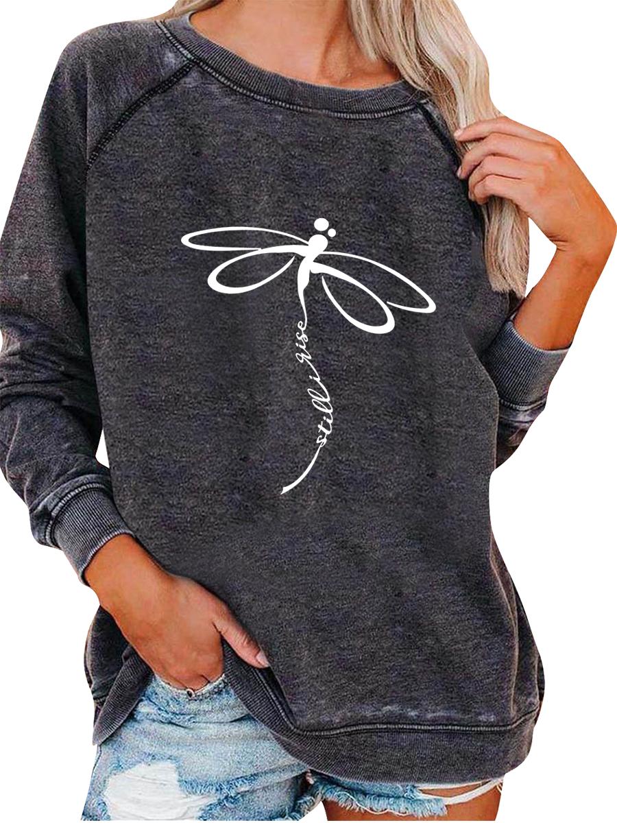 

Women s Pullover Sweatshirt Oversized Sweatshirt Women s Spring/Fall Fashion Dragonfly Print Top 3XL серый