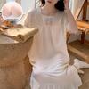 2026 Summer Princess Style Embossed Cotton Nightgown with Bra Pads - Women's Long Short-Sleeve Home Dress
