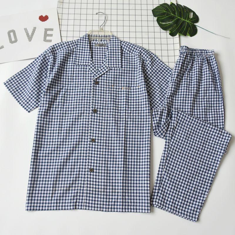 

Japanese Single Men Summer Thin Pure Cotton Gingham Short Sleeve Pants Pajamas Suit Casual Loose Home Wear Multiple Blue and white lattice M