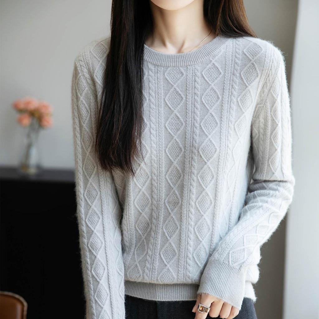 2025 Women's Retro Loose Diamond Pattern Australian Wool Sweater - 100% Wool, Round Neck, Thickened, for Autumn/Winter