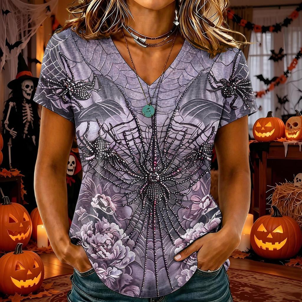 T-shirt d'Halloween pour femme à col en V et manches courtes, Haut décontracté élégant et confortable