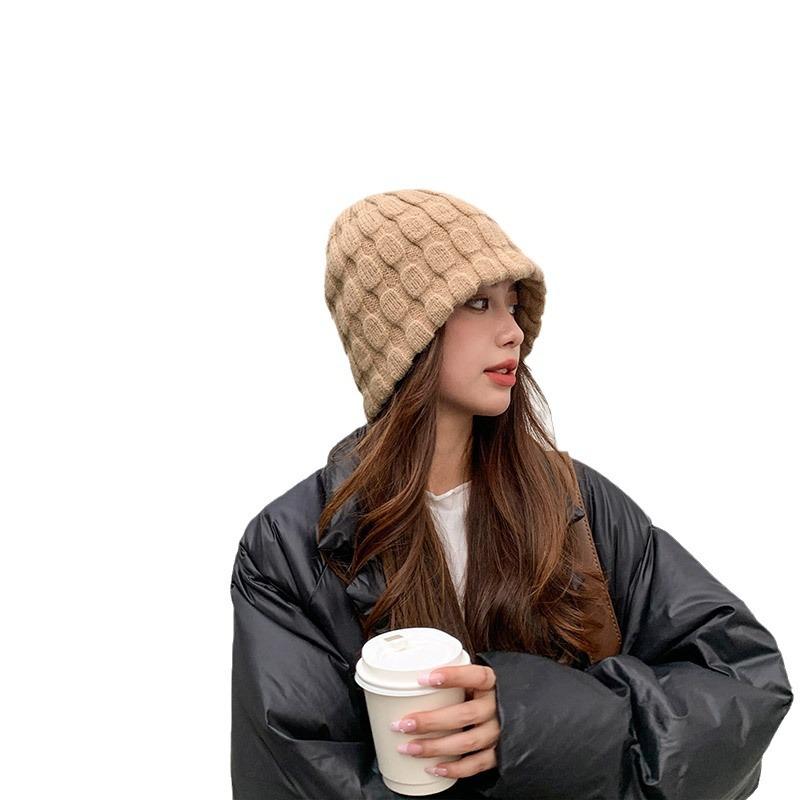 Soft waxy knitted wool bucket hat women's autumn and winter big head circumference washbasin hat bucket hat