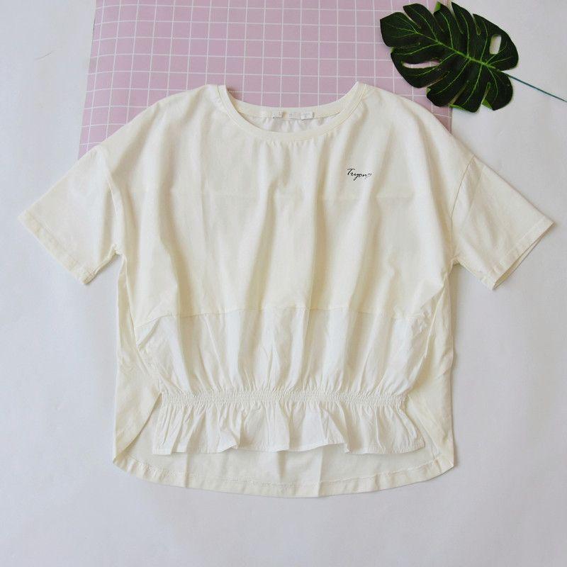 

Women s Summer Pure Cotton Stitching round Neck Short-Sleeved T-shirt Casual Easiest for Match Loose Slimming Belly-Covered Half Sleeve Tops Beige White S