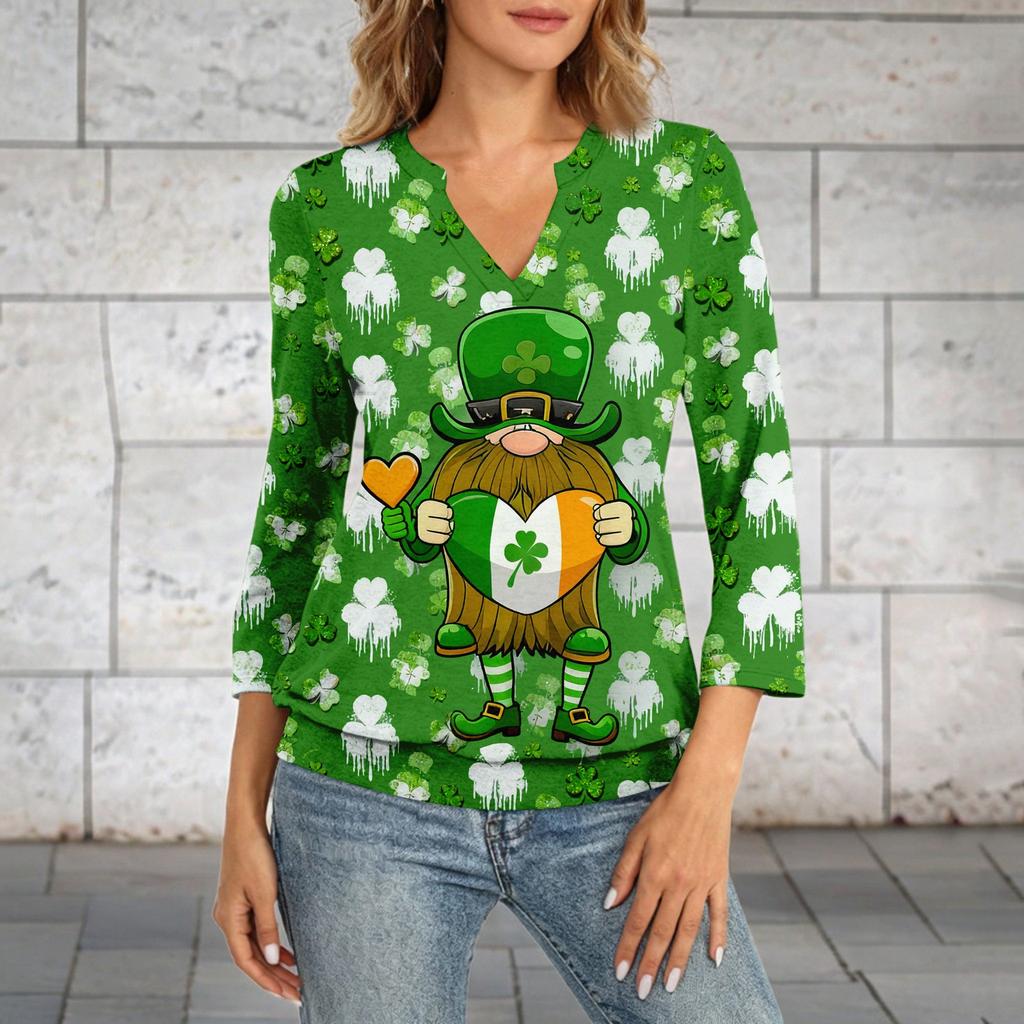 Women's 3/4 Sleeve Top With Cuffed Hem, V-Neck, Summer Casual -Shirt, St. Patrick's Day Printed Top