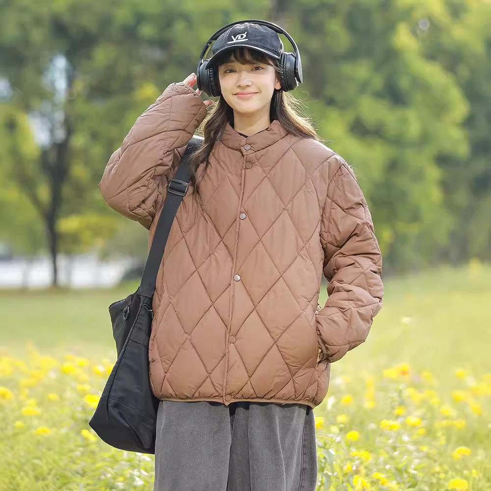 Simple diamond lattice collar warm cotton jacket women's short light and loose 2025 winter new Korean version of down cotton jacket
