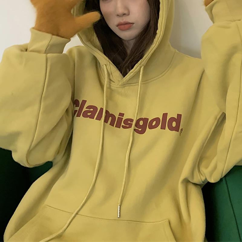 Padded Hooded Sweatshirt Women Autumn and Winter Loose Letter Printed Student Long Sleeve Tops Fashion Retro Versatile Sweatshirt
