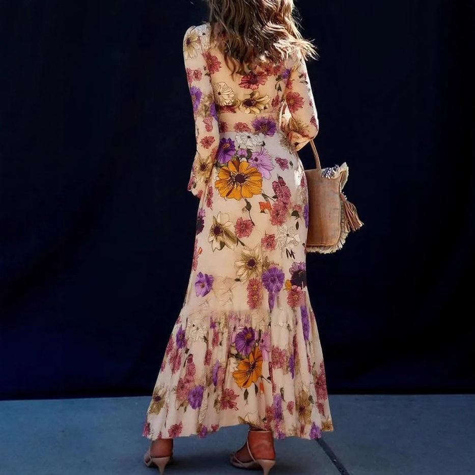 Vestido Largo con Estampado Floral y Manga Acampanada