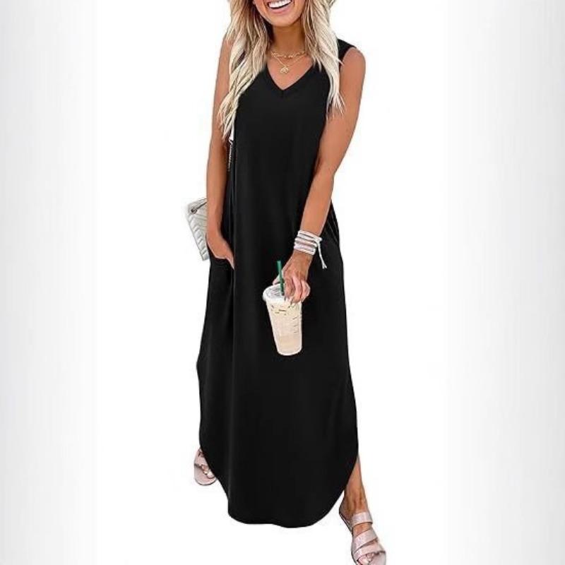 BITCED Fashion Summer Spring Solid Color Print Sleeveless V-Neck  Casual Dresses