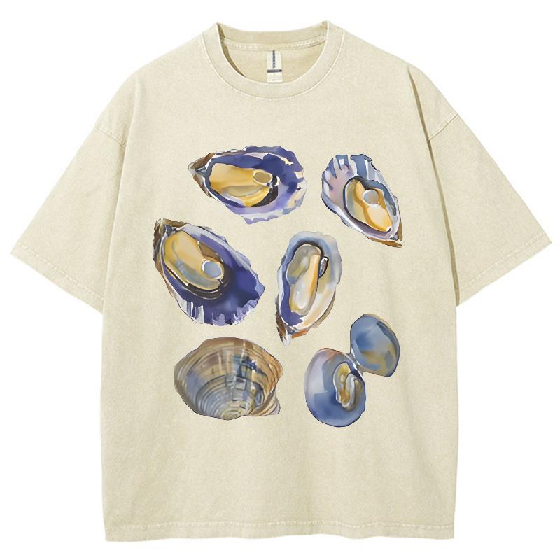 

Женская футболка с ярким принтом ракушек, рукав средней длины, эффект стирки под искусственный деним, пуловер с коротким рукавом, прохладный и удобный топ XL