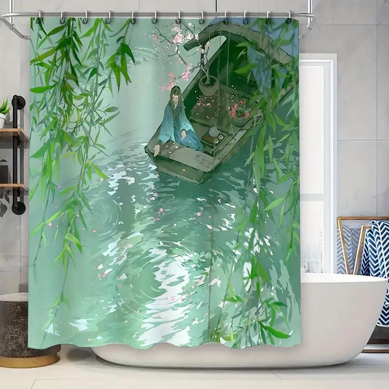 Elegant Watercolor Shower Curtain with Scenic Boat and Bamboo Illustration for Home Decor Waterproof Durable Elevate Space