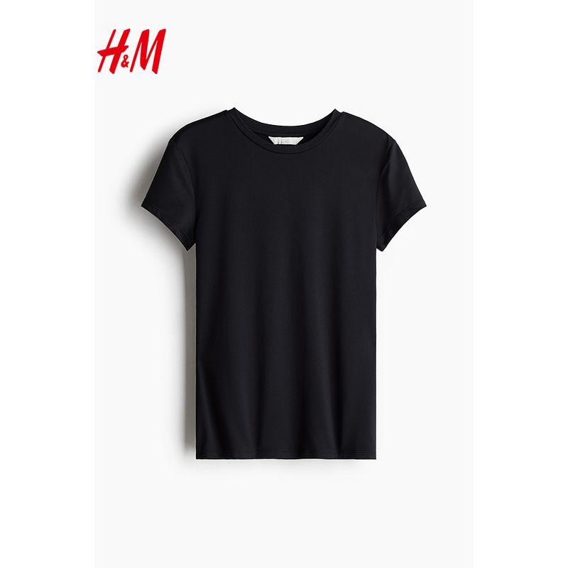 HM Women's T-shirt Fall Slim Fit Elastic Plaid Basic Style round Neck Short Sleeve Maillard Tops 1142908