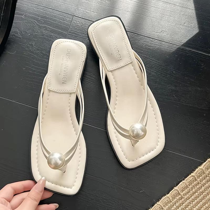 Fashion Bead Designer Women Heeled Slippers Clip Toe Sandals Woman Flip Flops Fashion Slides Summer 2025 New Elegant Sandalias De Mujer