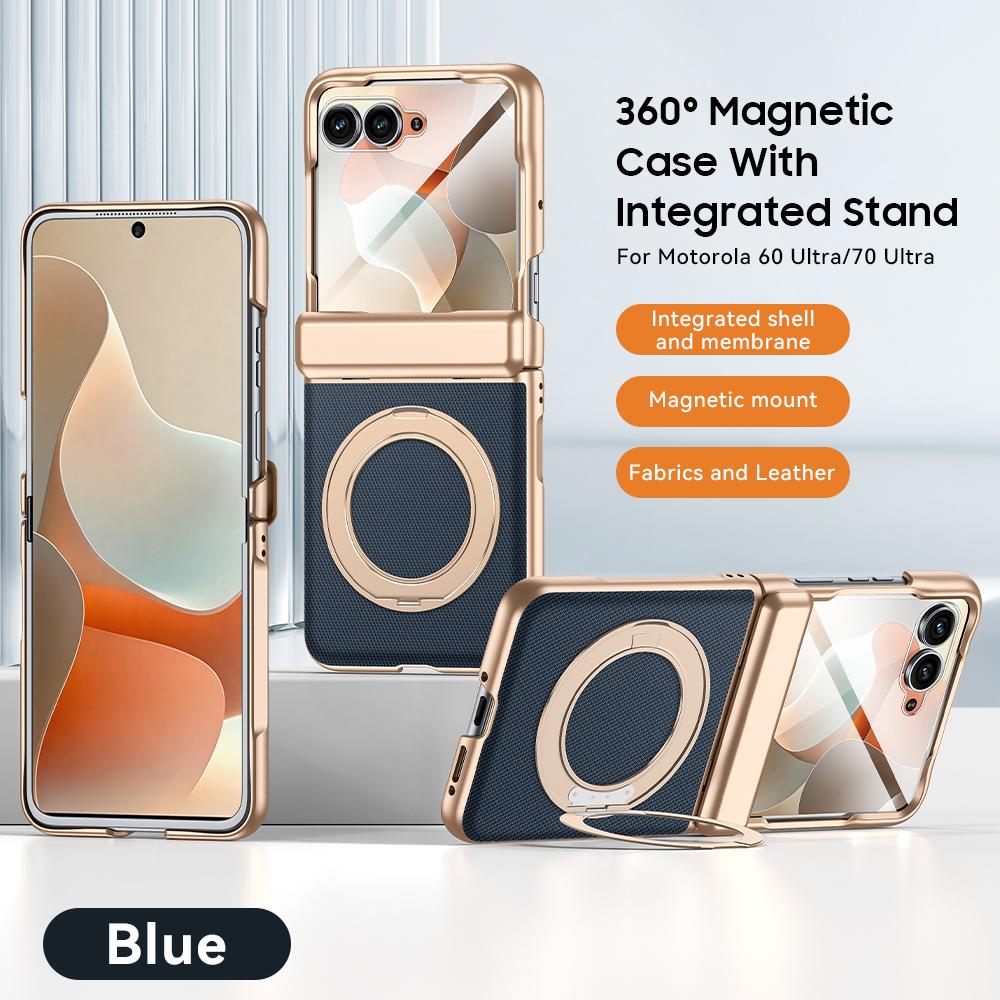 Galvanisierte Leder-Funda für Motorola Razr 60 Ultra 70 Ultra Scharnier-Case Drehbarer Magnetischer Ring Ständer Abdeckung mit Kleiner Bildschirmfolie