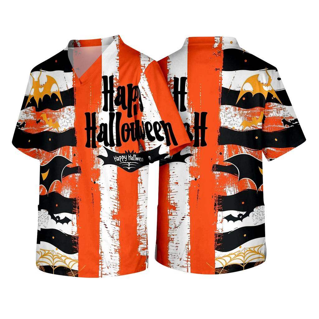 Men's Short Sleeve V Neck Halloween Print Medical Scrub Top with Chest Pocket Comfortable Fit Workwear for Healthcare Professionals