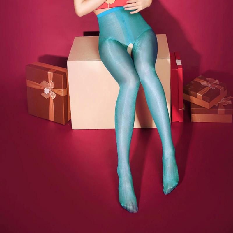 30 Deniers Oil Shine High Waist Tights Glitter Shiny Glossy Transparent Pantyhose Open Crotch Sexy Nylon Silk Hosiery Underwear