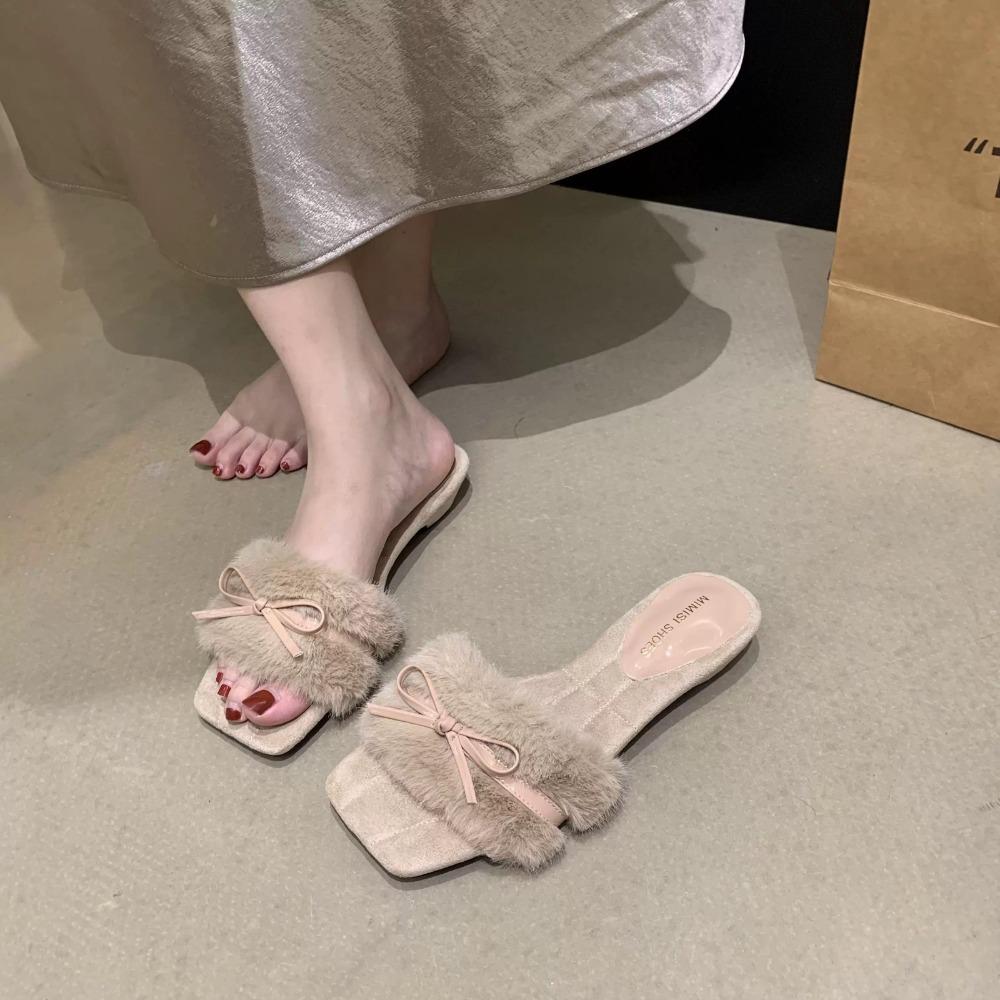 

Fashion New Winter Fluffy Slippers Women Bow Square Toe Warm Slides Women Outdoors Peep Toe Sweet Elegant Chunky Fur Slippers Female 40 бежевый
