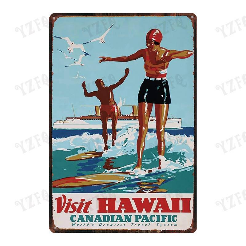 Vintage Hawaii City Painting with Hula Dancers  Metal Travel Tin Sign for Wall Decor In Pubs Cafes and Homes  Beach Metal Pla