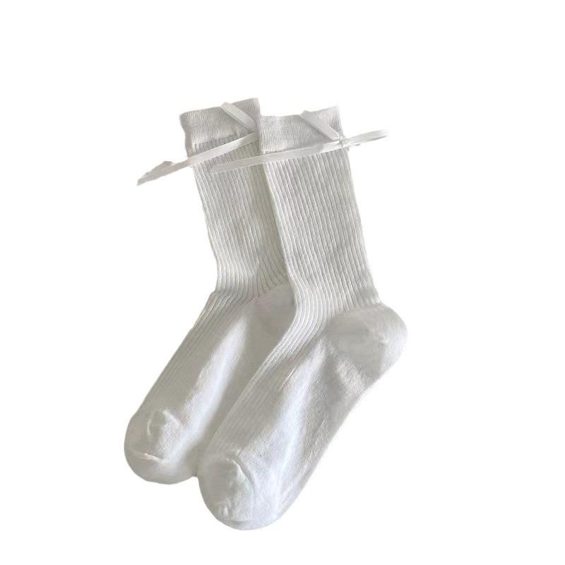 Boneless Heel Bow Solid Color Sweet Mid-calf Socks, Versatile, Pile Socks for Girls