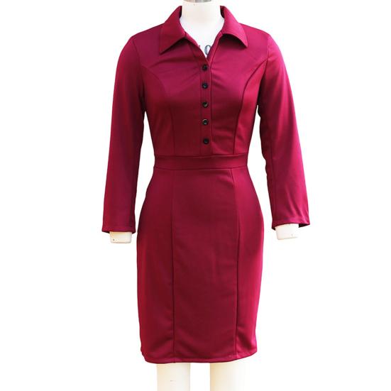 Damen Herbst Langarm Bodycon Arbeitskleid Revers Knopfleiste Formelles Kleid Midi Business Büro Etuikleid Bleistiftkleid