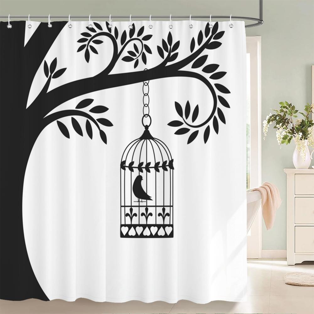 

Nordic minimalist art printing Shower Curtain, Waterproof Fabric Flower and leaf Bird pattern Bathroom Curtain for Bathtub Decor W90xH180cm