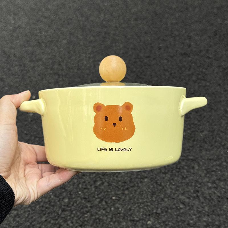 Ins Cream Wind Bear Ceramic Instant Noodle Bowl Student Dormitory Instant Noodle Bowl for Girls Birthday Gift