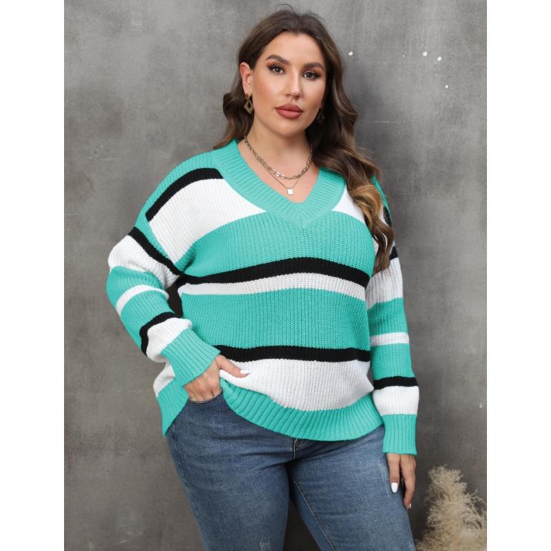 Women's Plus Size Pullover Fall New V Neck Color Patchwork Fashion Sweater