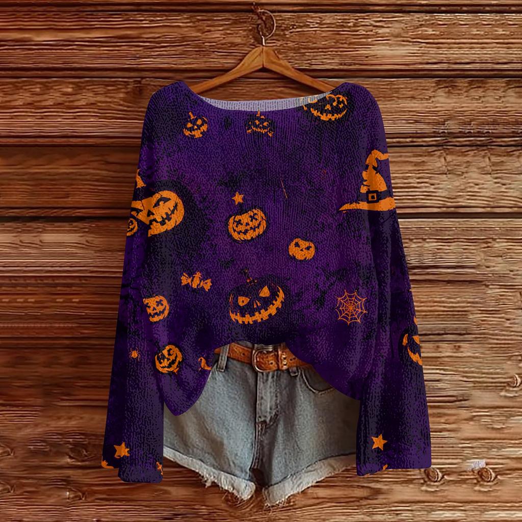 Women's Long Sleeve Halloween Print Knit Pullover Top Round Neck Casual Sweater