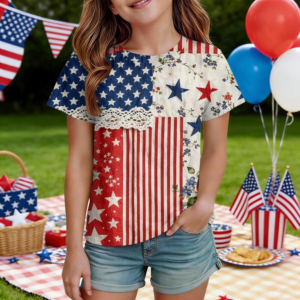 Kids Independence Day Print Round Neck Short Sleeve Casual T-shirt