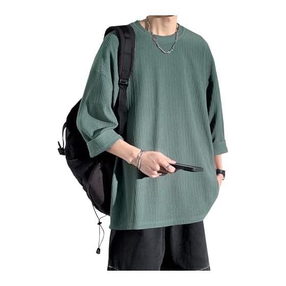 

[BesBet] 3/4 Sleeve T-Shirt, Men s Summer Clothes, Fashionable Tops, Popular, Plain, Large Size, Simple, Stylish, Loose, Soft to the Touch, Cool,