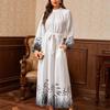 Middle Eastern Print Long Dress with Waistband and Round Neck