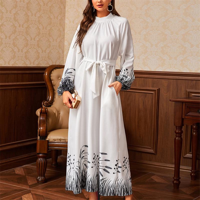 Middle Eastern Print Long Dress with Waistband and Round Neck