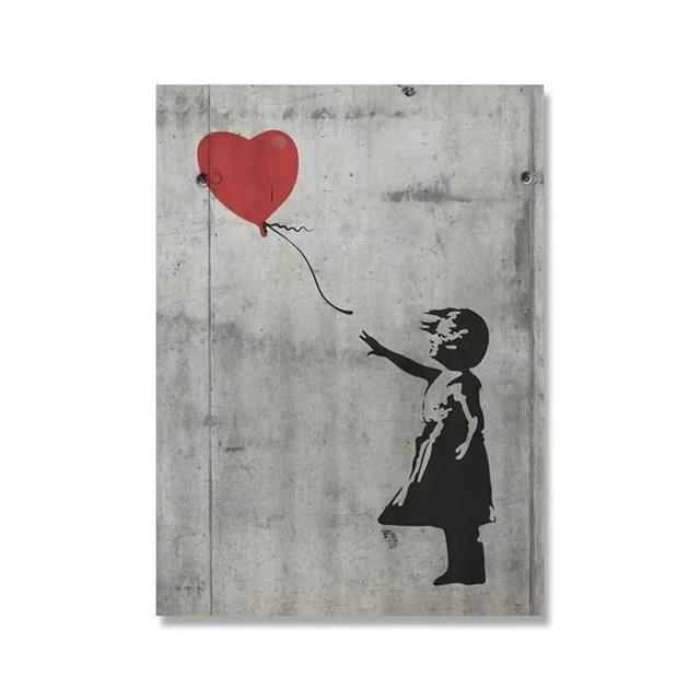 Graffiti Artwork Canvas Painting Prints Wall Art Pictures Girl with Red Balloon Black White Posters Nordic Home Decor